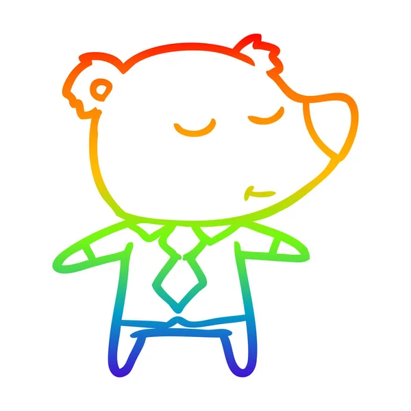 Rainbow gradient line drawing happy cartoon bear wearing shirt — Stock Vector