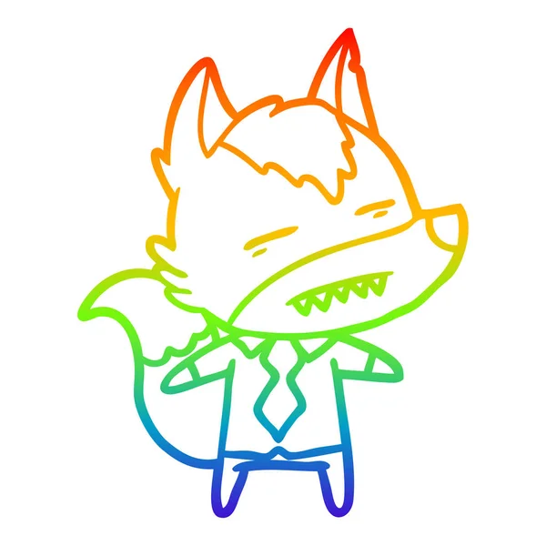 Rainbow gradient linje ritning Cartoon Office Wolf visar tänder — Stock vektor