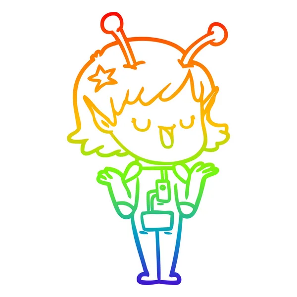 Regenboog gradiënt lijntekening gelukkig Alien meisje cartoon — Stockvector