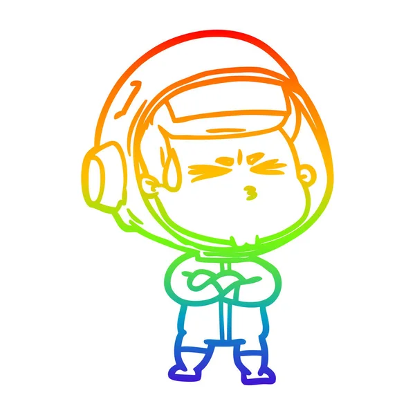 Rainbow gradient line drawing cartoon stressed astronaut — Stock Vector