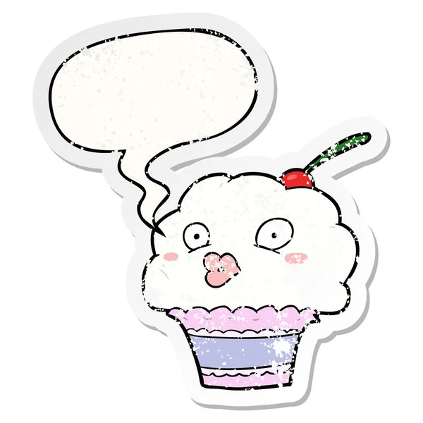 Engraçado cartoon cupcake e fala bolha angustiado adesivo —  Vetores de Stock