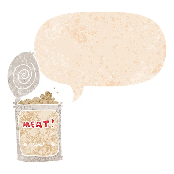 Мультяшна консервована їжа та мовна бульбашка в ретро текстурованому стилі — стоковий вектор