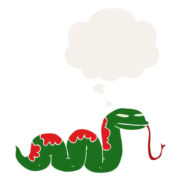 Desenho animado serpente deslizante e bolha de pensamento em estilo retro — Vetor de Stock