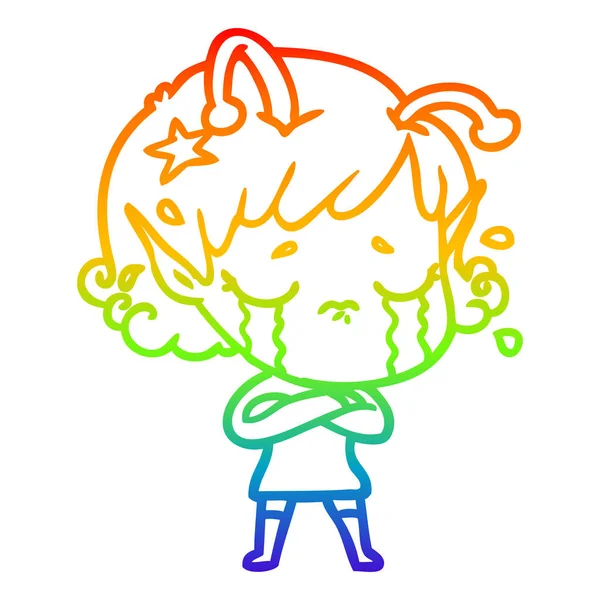 Regenboog gradiënt lijntekening cartoon huilen Alien meisje — Stockvector