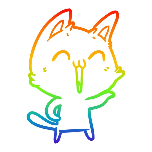 Rainbow gradient line drawing happy cartoon cat — Stock Vector