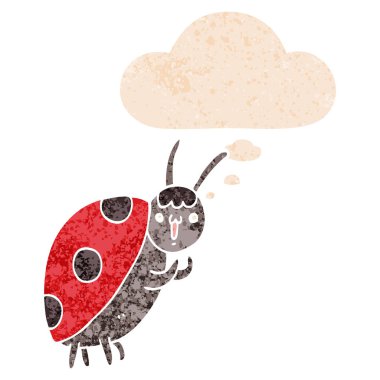 retro dokulu tarzı sevimli karikatür uğur böceği ve düşünce balonu