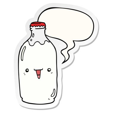 sevimli karikatür süt şişesi ve konuşma kabarcık etiket