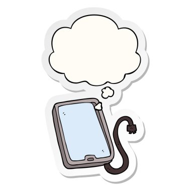 karikatür bilgisayar tablet ve basılı bir etiket olarak düşünce balonu