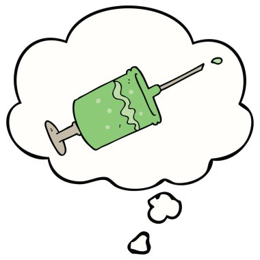 karikatür şırınga iğne ve düşünce balonu