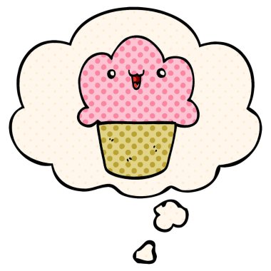 çizgi roman tarzında yüz ve düşünce balonu ile karikatür cupcake