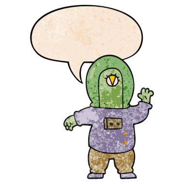 retro doku tarzında karikatür uzay yabancı ve konuşma balonu