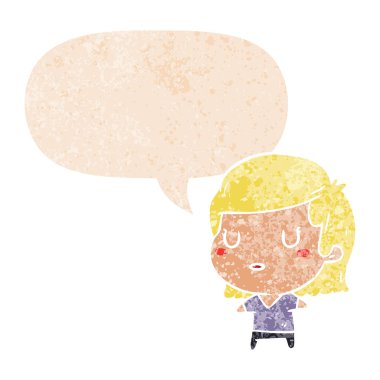 retro dokulu tarzda karikatür kadın ve konuşma balonu