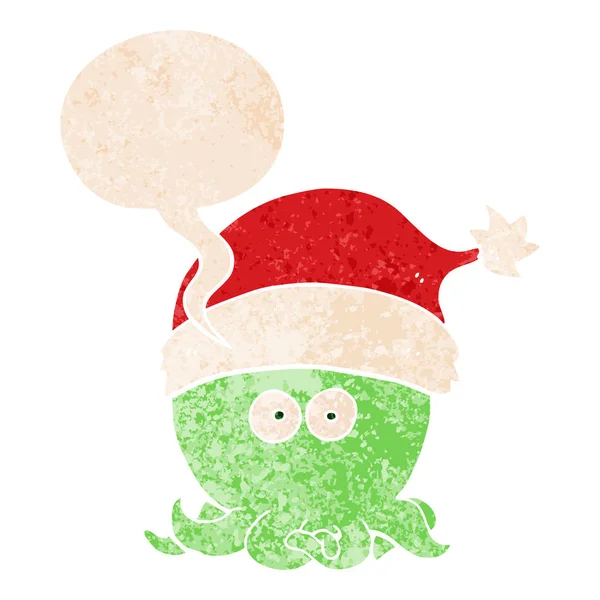 Cartoon octopus wearing christmas hat and speech bubble in retro — Stock Vector