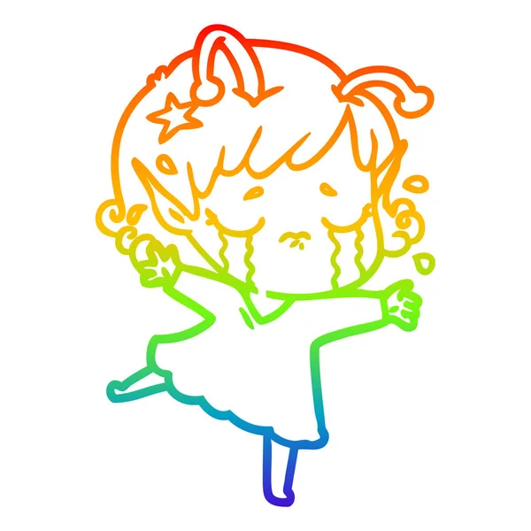 Rainbow gradient linje ritning tecknad Crying Alien Girl — Stock vektor