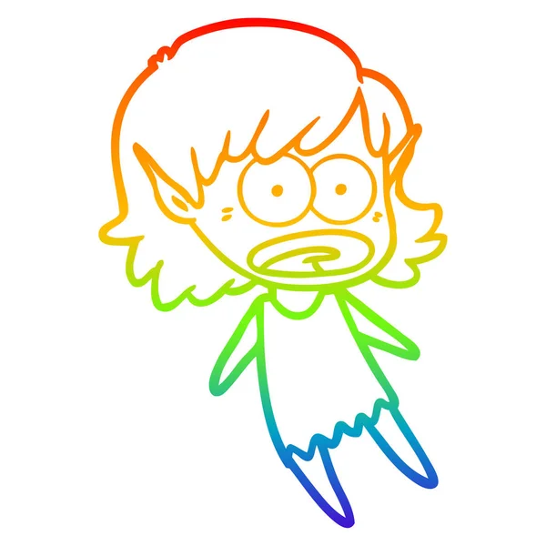 Arcobaleno gradiente linea disegno cartone animato scioccato elfo ragazza volare — Vettoriale Stock