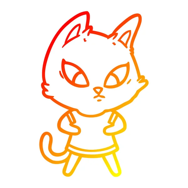 Warme kleurovergang lijntekening verward cartoon kat in kleding — Stockvector