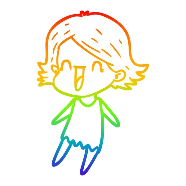 Rainbow gradient line drawing cartoon happy woman — Stock Vector