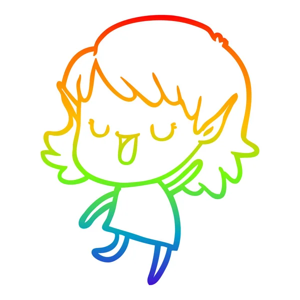 Arco iris gradiente línea dibujo dibujos animados elfo chica — Vector de stock