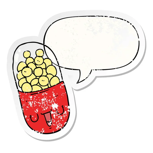 Pilule médicale dessin animé et bulle de la parole autocollant affligé — Image vectorielle