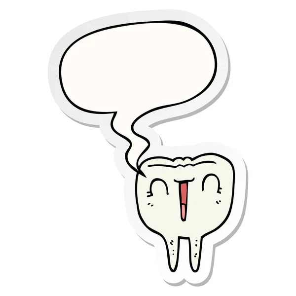 Desenho animado feliz dente e fala bolha adesivo — Vetor de Stock