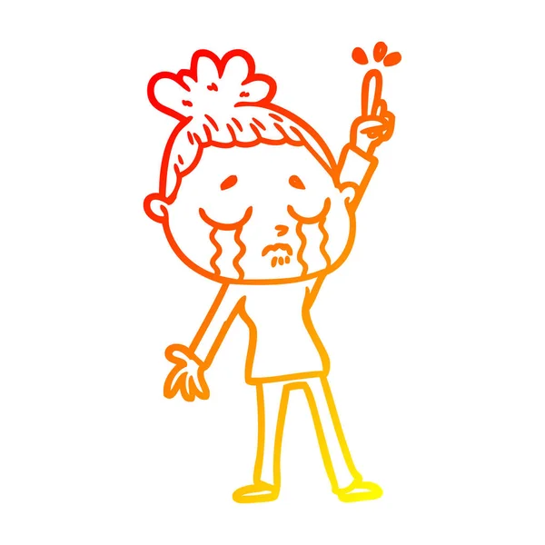 Linha gradiente quente desenho caricatura chorando mulher levantando mão — Vetor de Stock