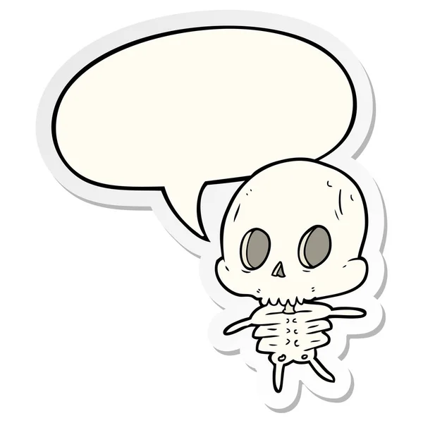 Esqueleto de desenho animado bonito e adesivo de bolha de fala — Vetor de Stock