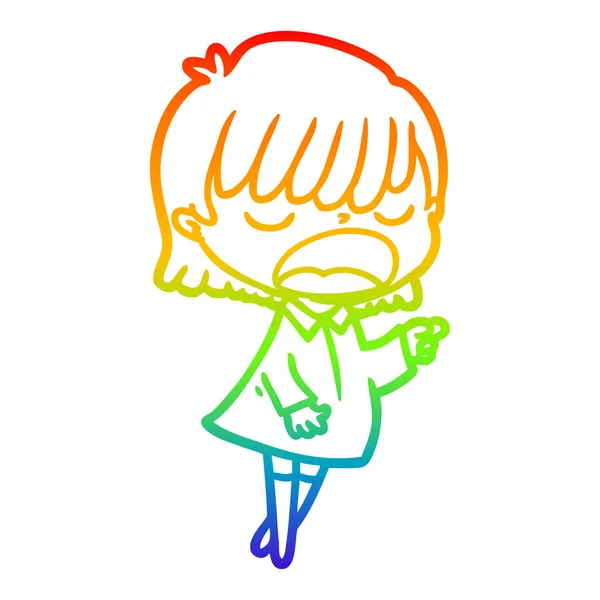 Rainbow gradient line drawing cartoon woman talking loudly — Stock Vector