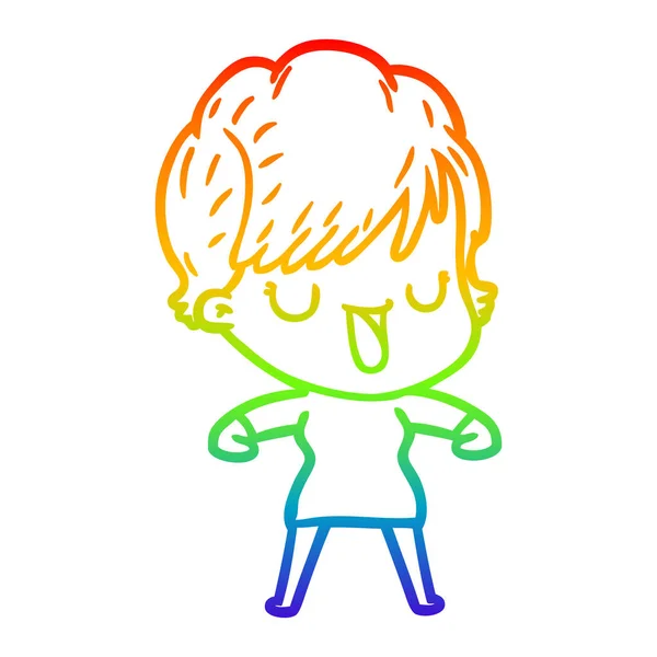 Rainbow gradient line drawing cartoon woman talking — Stock Vector