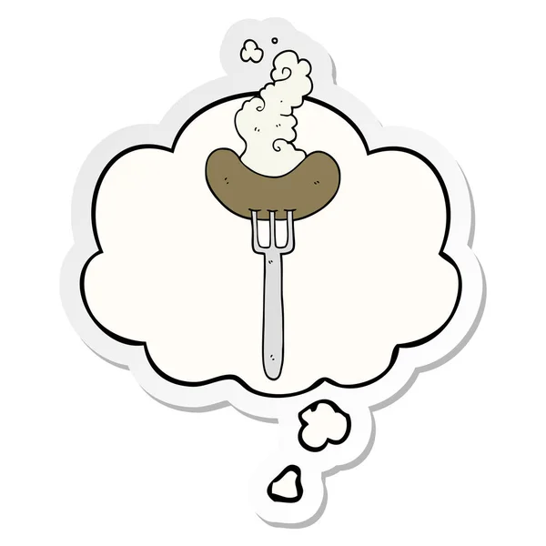 Sosis kartun pada garpu dan berpikir gelembung sebagai stiker dicetak - Stok Vektor