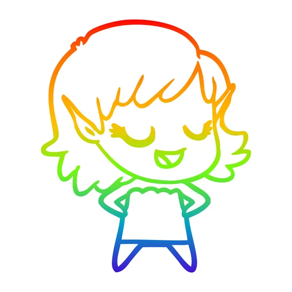 Rainbow gradient line drawing happy cartoon elf girl — Stock Vector
