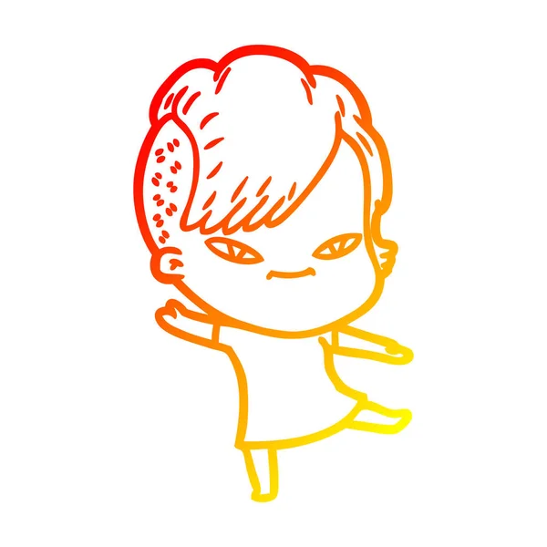 Línea de gradiente caliente dibujo linda chica de dibujos animados con hipster haircu — Vector de stock