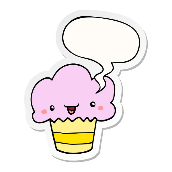 Cartoon cupcake and face and speech bubble sticker — Stock Vector