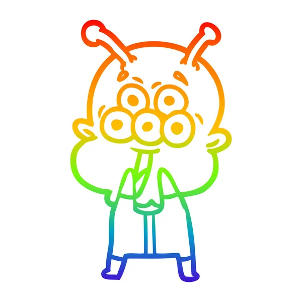 Rainbow gradient line drawing happy cartoon alien gasping in sur — Stock Vector