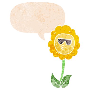 retro dokulu tarzda karikatür çiçek ve konuşma balonu