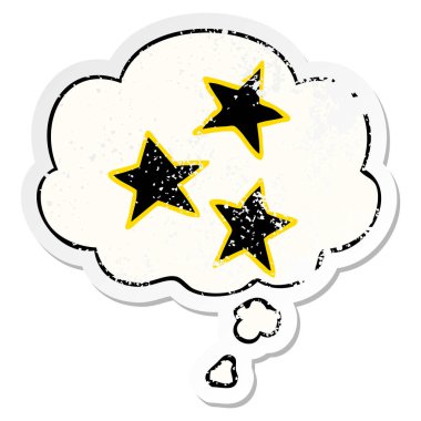 karikatür yıldız ve sıkıntılı yıpranmış etiket olarak kabarcık düşünce