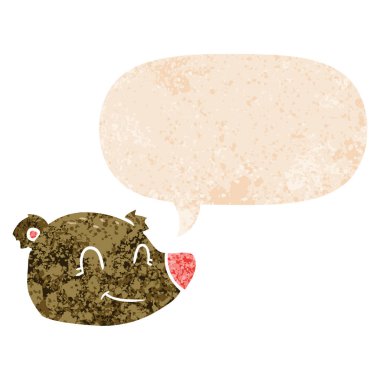 retro dokulu stilde karikatür mutlu ayı yüz ve konuşma balonu