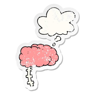 bir sıkıntılı yıpranmış etiket olarak karikatür beyin ve düşünce balonu