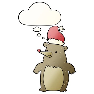 karikatür ayı noel şapkası giyen ve pürüzsüz bir düşünce balonu 