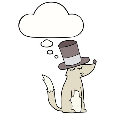 çizgi film kurt ıslık üst şapka giyen ve düşünce balonu