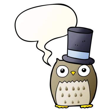 çizgi film baykuş düz degrade üst şapka ve konuşma balonu giyiyor