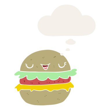 karikatür burger ve retro tarzında düşünce balonu