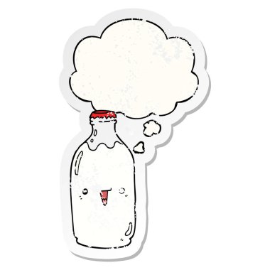 sevimli karikatür süt şişesi ve sıkıntılı yıpranmış olarak kabarcık düşünce