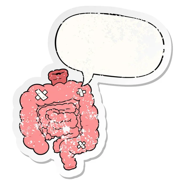 Dibujos animados intestinos reparados y burbuja del habla calcomanía angustiada — Vector de stock