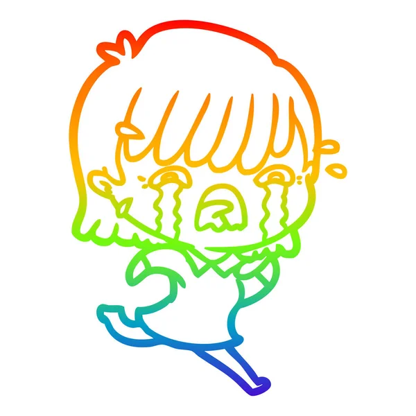 Arco-íris linha gradiente desenho cartoon menina chorando — Vetor de Stock