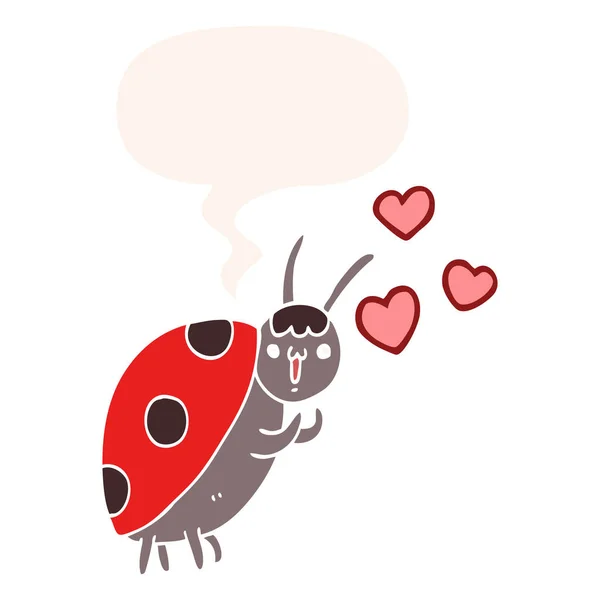 Leuke cartoon lieveheersbeestje in liefde en toespraak bubble in retro stijl — Stockvector