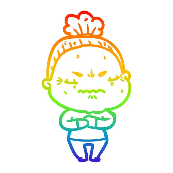 Rainbow gradient ligne dessin dessin animé ennuyé vieille dame — Image vectorielle