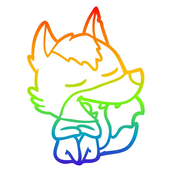 Regenboog gradiënt lijntekening cartoon Wolf zitten lachen — Stockvector