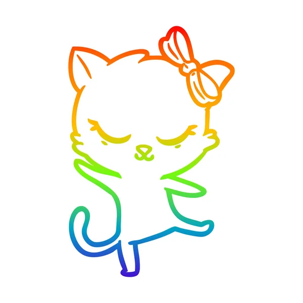 Rainbow gradient line drawing cute cartoon cat with bow — Stock Vector
