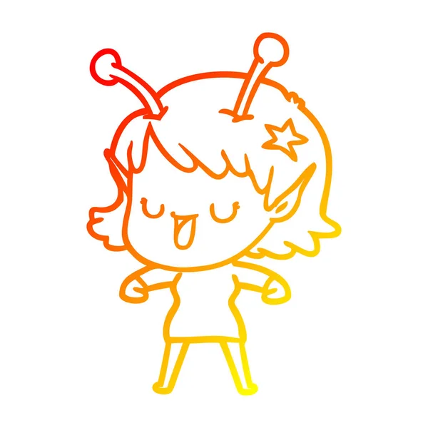 Linha gradiente quente desenho animado menina alienígena feliz — Vetor de Stock