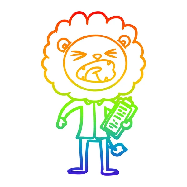 Arco iris gradiente línea dibujo dibujos animados león vendedor — Vector de stock